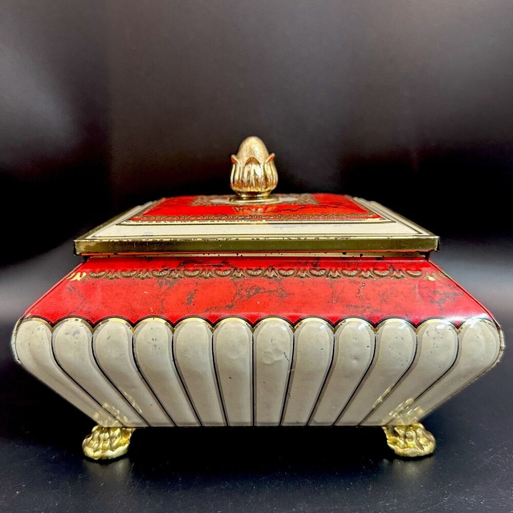 VTG Blue Bird Hollywood Regency Red White Gold Faux Marble Footed Tin Box 1950s